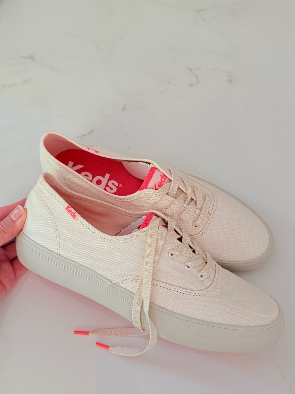 Keds Canvas Low-Top Sneakers in Cream with Neon Pink Accents